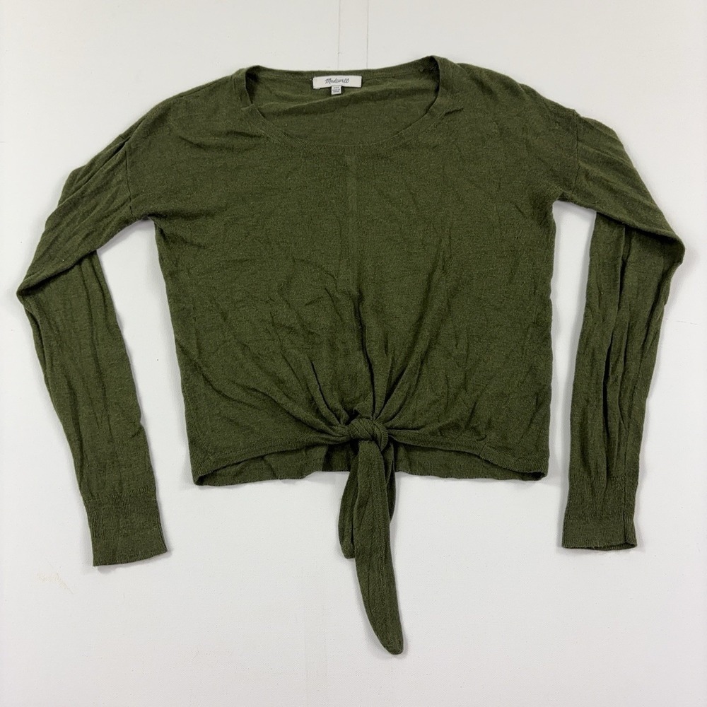 Madewell Sweater Womens 2XS Green Tie Front Cropped Long Sleeve Knit Pullover